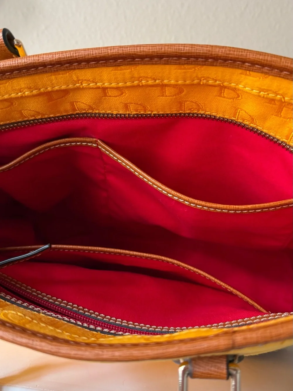 Dooney & Bourke Purse Marigold Yellow Gold Tote Bag Brown Leather Trim Red NWOT